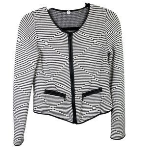 Margaret O'Leary Knit Full Zip Sweater Jacket w/ Leather Trim Black White Geo XS